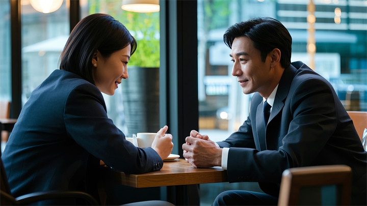亞裔一男一女對(duì)坐，坐在咖啡廳聊天。.png
