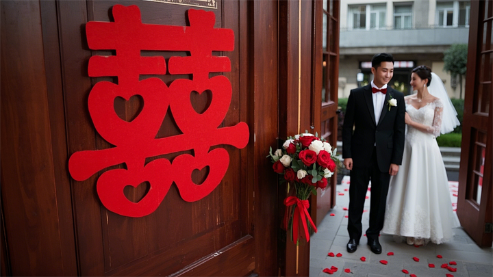 中國(guó)現(xiàn)代結(jié)婚場(chǎng)景，“囍”字的紅色剪紙貼在門上。.png