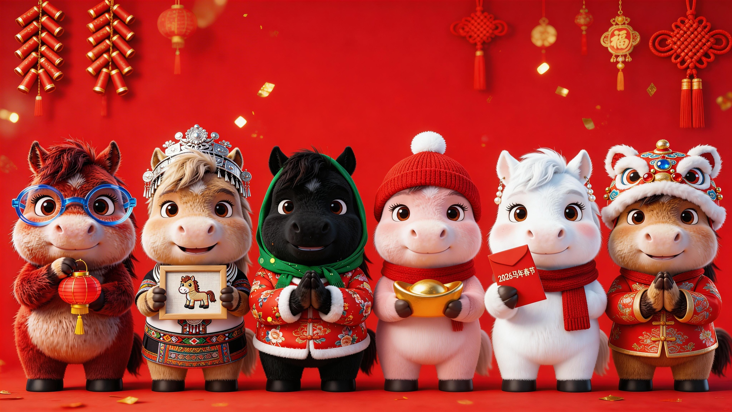 jimeng-2026-02-17-9390-橫屏排版，六匹馬站成一排，制作海報(bào)，紅色底，有新年的飾品裝飾在周圍.png